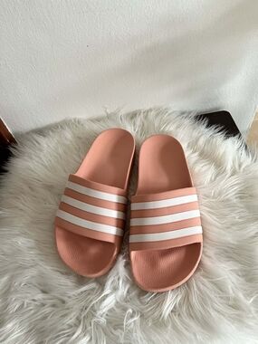 adidas Coral Pink Slide Sandals with White Stripes